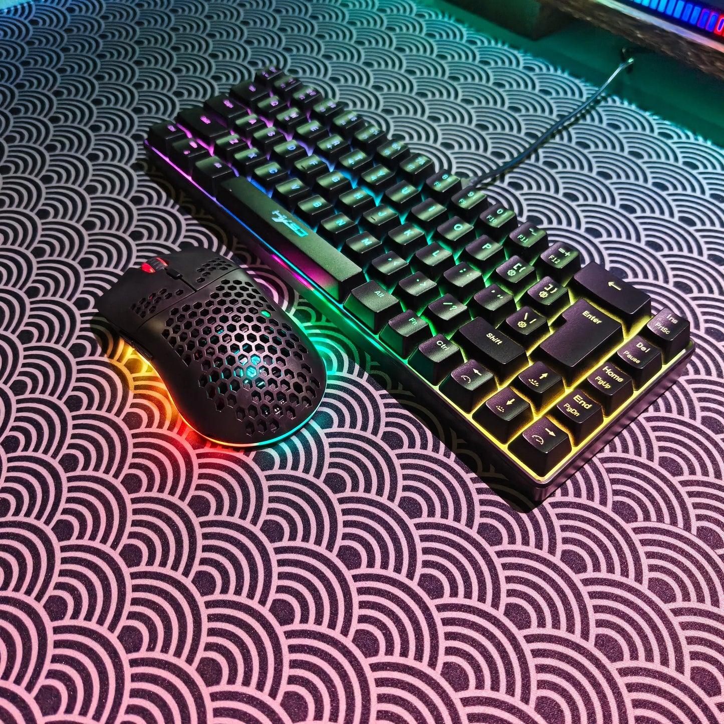 Portable HXSJ 60% RGB Gaming Keyboard and Mouse Set 68-Key Wired Membrane Keyboard 3-Mode Lightweight Wireless Mouse for PC Mac