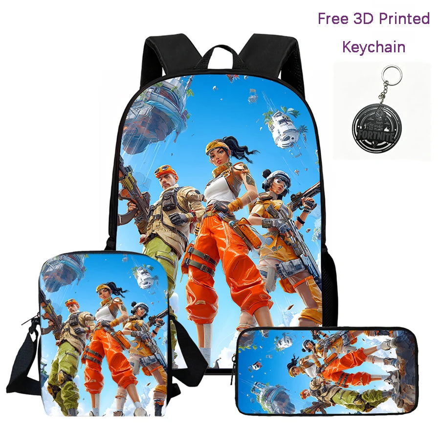 3Pcs Kids Backpack Set, Crossbody & Pencil Bag, FORTNITE Cartoon Bag, Lightweight for Boys Girls 6-10, Free 3D Printed Keychain
