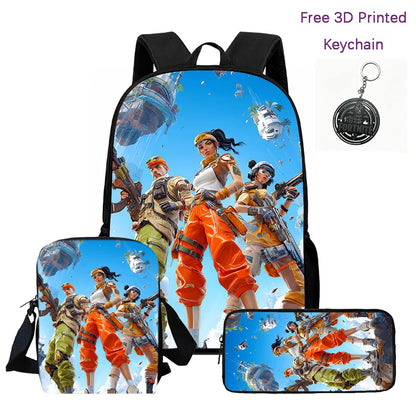 3Pcs Kids Backpack Set, Crossbody & Pencil Bag, FORTNITE Cartoon Bag, Lightweight for Boys Girls 6-10, Free 3D Printed Keychain