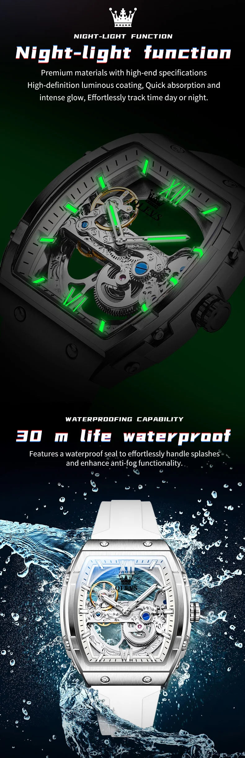  OLEVS Automatic Men Watch White Rubber Strap Mechanical Tourbillon Watches Men Luminous Watches Waterproof