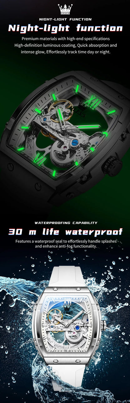  OLEVS Automatic Men Watch White Rubber Strap Mechanical Tourbillon Watches Men Luminous Watches Waterproof