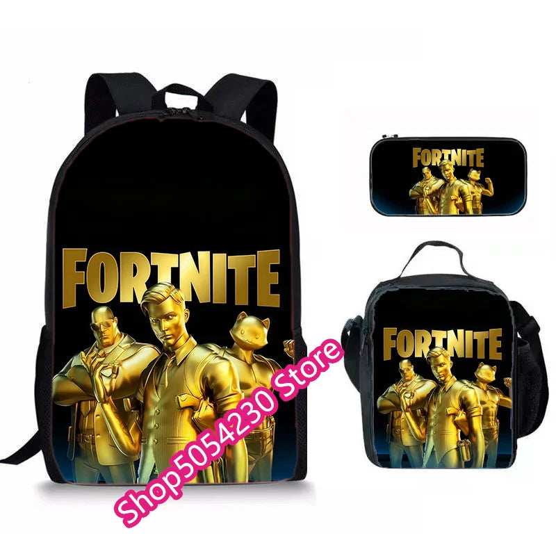 Conjunto de Mochila Fortnited 3PCS para Adolescentes e Estudantes, Saco de Viagem Fortress Night, Mochila Escolar 3D de Jogos Populares