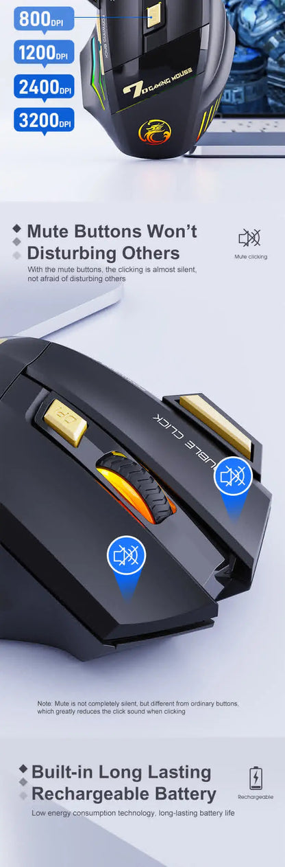 Rato Sem Fios Bluetooth Recarregável para Computador, Rato Gamer Ergonómico com Retroiluminação RGB, Silencioso, para PC