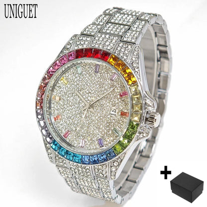 2025 Top Luxury Watch For Men Fashion Ice Diamond Hip Hop Rainbow Diamond Multifunction Man Quartz Wristwatch Gift Dropshipping