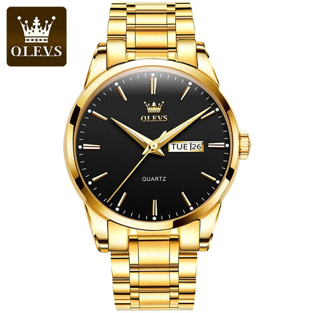 OLEVS Classic Gold Wrist Watches For Top Brand Luxury Business Date Waterproof Luminous Stainless Steel Men Quartz Wristwatch