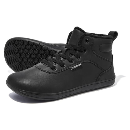 HOBIBEAR Unisex Winter Barefoot Shoes Womens Men Wide Toe Box Faux Fur Lined Ankle Sneakers Artificial Leather Lace Up Shoes