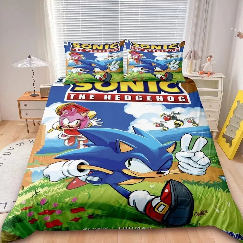 Conjunto de capa de edredão Sonic de 2/3 peças para crianças, conjunto de roupa de cama com capa de edredão para decoração de quarto, adolescentes e presentes para crianças, cama individual ou de casal