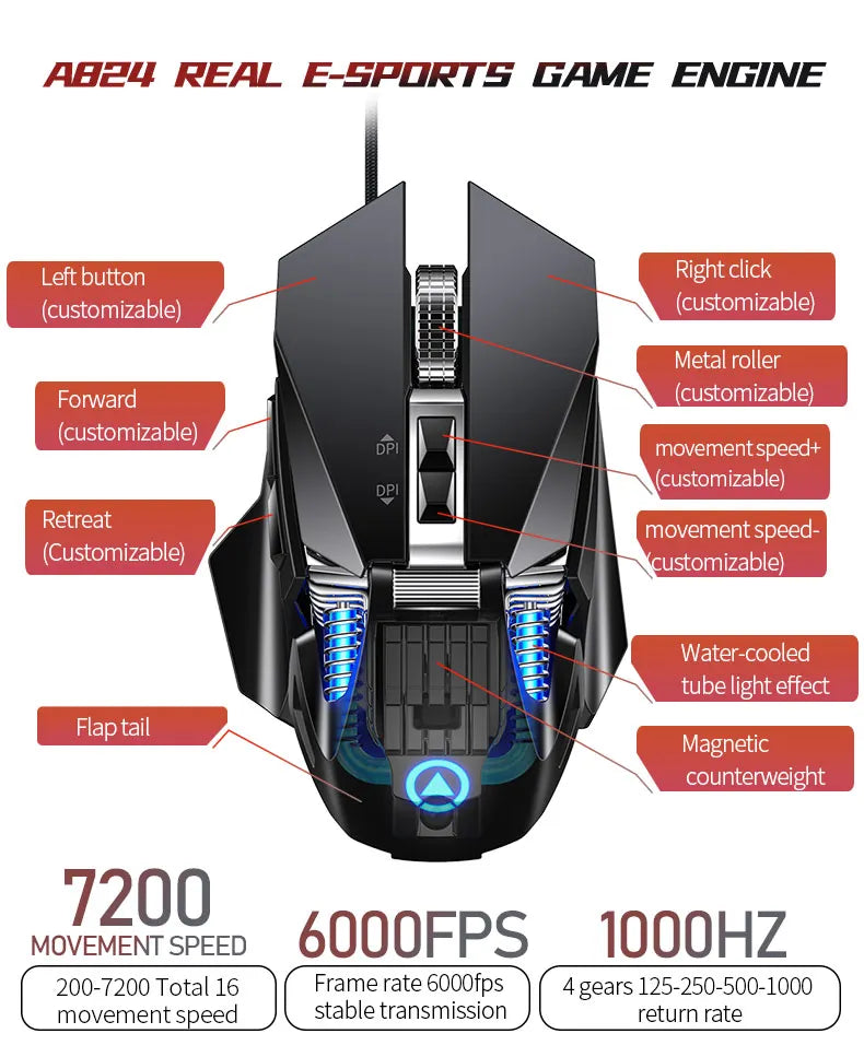 Rato Gaming eSports com Fio e Retroiluminação RGB, 200-7200 DPI Ajustáveis, USB com Fio para PC, Portátil e Jogos FPS
