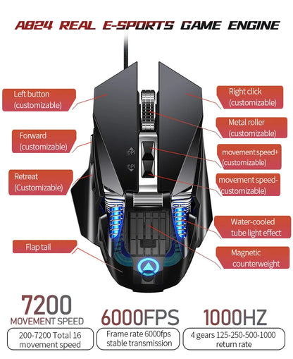 Rato Gaming eSports com Fio e Retroiluminação RGB, 200-7200 DPI Ajustáveis, USB com Fio para PC, Portátil e Jogos FPS