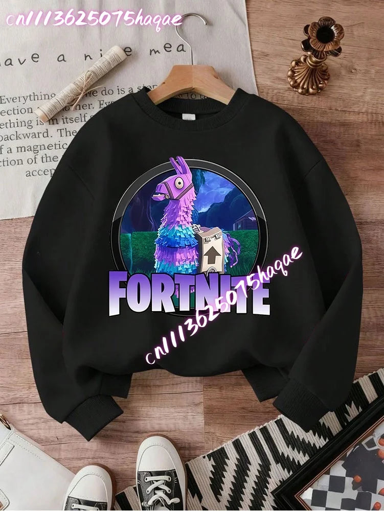 Sweat-shirts Fortnite novos para criança, hoodie com estampado de personagens de jogo em estilo cartoon, tops casuais de outono para criança, roupa de inverno para bebé menino