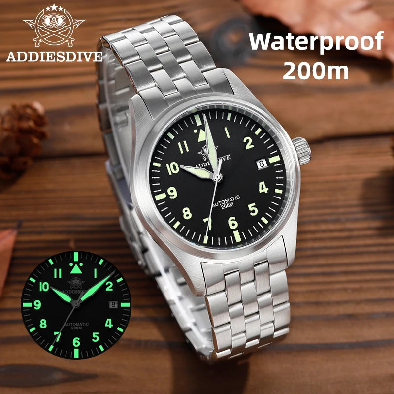 ADDIESDIVE Classic Men's Automatic Mechanical Watch 200m Water Resistant C3 Luminous 316L Stainless Steel Vintage Watch AD2519
