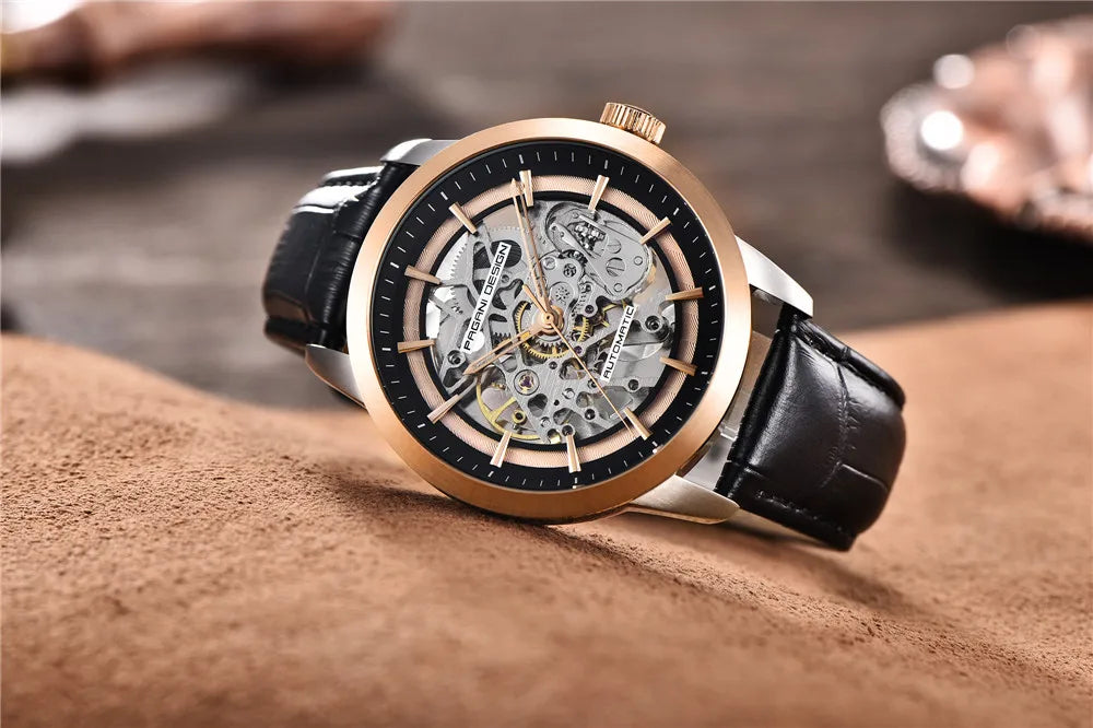 PAGANI DESIGN Új, csontvázszerkezetű férfi mechanikus karórák – csúcsminőségű luxus automata karórák férfiaknak, kék bőr szíjjal, vízálló karóra férfiaknak