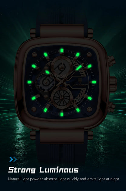 POEDAGAR Square Sport Man Wristwatch Date Waterproof Luminous Chronograph Watch For Men Silicone Strap Men's Quartz Watches Male