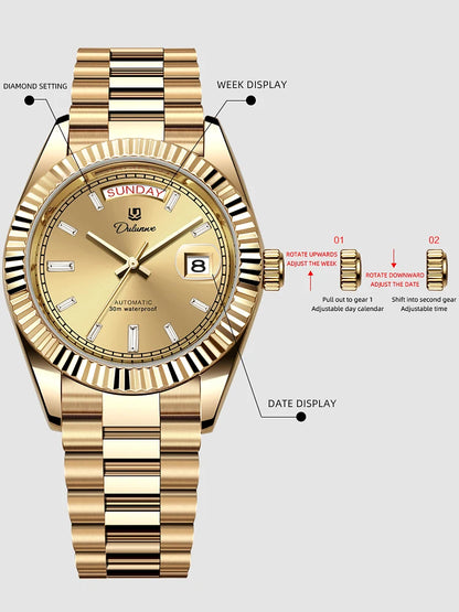 Top Brand Business Men's Watches Luxury Calendar Week Automatic Mechanical Watch for Man Waterproof Gold Stainless Steel