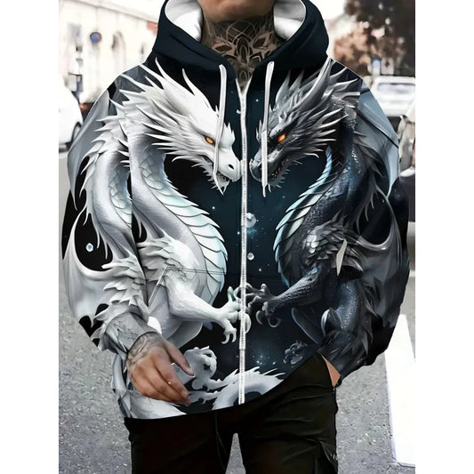 Ανδρικό φούτερ hoodie με φερμουάρ και σχέδιο δράκου, κορδόνι περίσφιξης και μακριά μανίκια, για υπαίθριες δραστηριότητες και ταξίδια, φθινόπωρο/χειμώνας, oversized ανδρική μπλούζα φούτερ