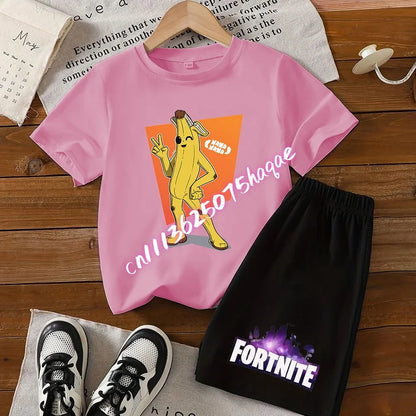 Conjunto de T-shirt e calções Fortnite Series para criança, top e calças inspirados em jogo popular, outfit de verão para casa, confortável e adorável, presente de aniversário