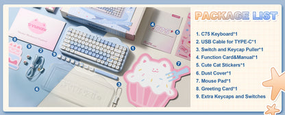 Teclado mecânico sem fios YUNZII C75, 75% cremoso com Hot Swap e RGB personalizável, design Gasket Cute Cake, para Win/Mac/Gaming
