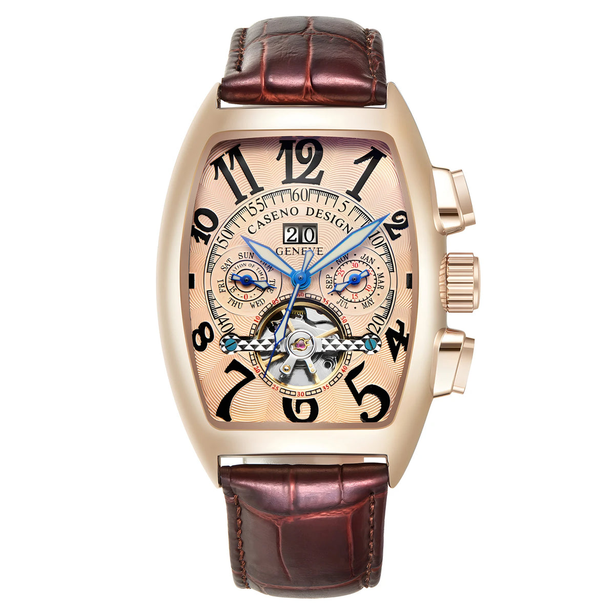 CASENO Top Luxury Brand Men's Fully Automatic Mechanical Tourbillon Watch Calendar Night Glow Tonneau Skeleton Watch -577G