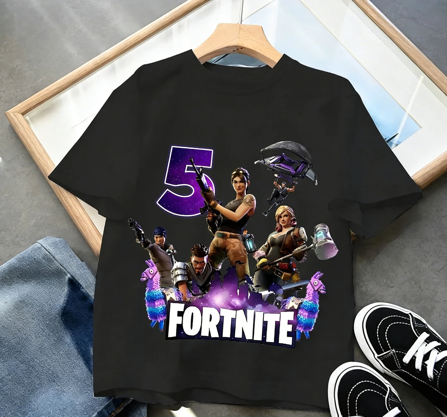 T-shirt de aniversário infantil Fortnites com número para menina e menino, roupa de verão em algodão para bebé, top de manga curta para festa, presente para criança pequena