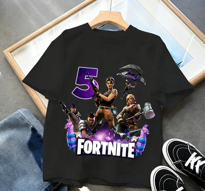 T-shirt de aniversário infantil Fortnites com número para menina e menino, roupa de verão em algodão para bebé, top de manga curta para festa, presente para criança pequena