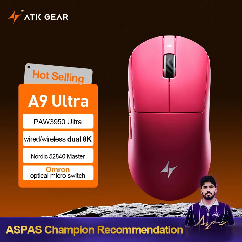 ATK Dragonfly A9 Ultra Wireless Gaming Mouse PAW3950, Tri-Mode 8K Gaming Mouse, Ultra-Lightweight Ergonomic Esports Mouse for FPS Gaming
