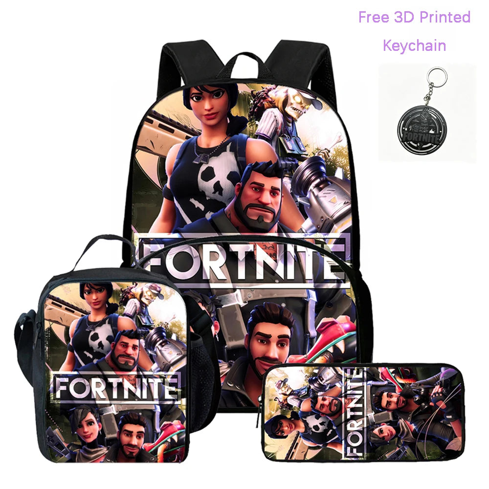 3Pcs FORTNITE Cartoon School Set Lightweight Backpack Front Pocket Lunch & Pencil Case For Kids Age 5-9 Free 3D Printed Keychain
