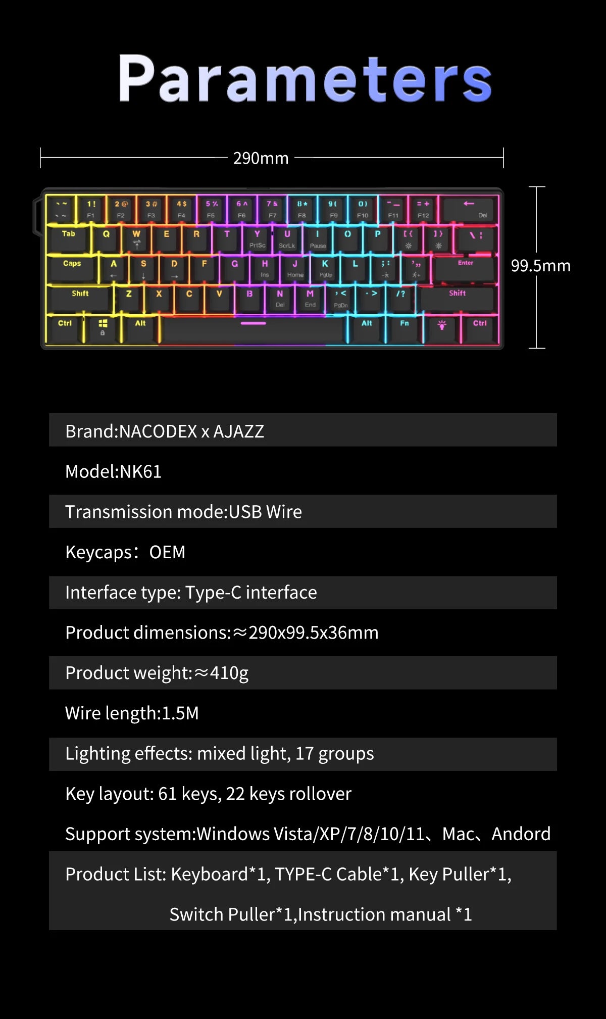 Ajazz NK61 Wired Mechanical Gaming Keyboard with full-key hot-swappable switches RGB lighting effects 61 keys red switches