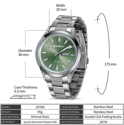 BERNY Men Quartz Watch  Fashion Texture Wristwatch for Men Ultra Thin Men Watch Calendar Luminous Stainless Steel Dress Watches