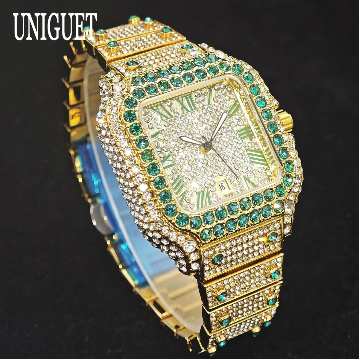 UNIGUET Big Diamond Watch Men Luxury Colored Roman Literal Watch Man Hip Hop Jewelry Bling Bling Square Wristwatch Dropshipping