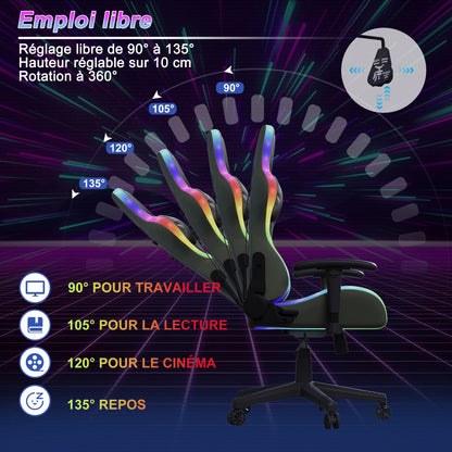 Gaming Chair with Massage Function, Adjustable Backrest, Computer Chair, with Ambient Light, Lumbar Cushion, Pillow, 150 KG
