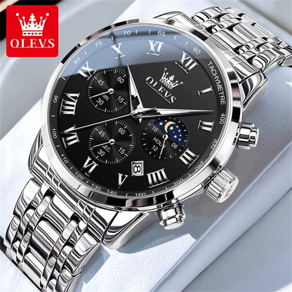 Relógio de Homem OLEVS 5529 de Marca Top Luxury, Impermeável, Luminoso, em Aço Inoxidável, com Fase Lunar e Código de Temporização, Novo Relógio de Quartzo para Homem