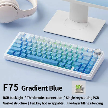 Teclado mecânico gaming AULA F75 RGB personalizado, layout 75%, gravação lateral, montagem gasket, 80 teclas, keycaps PBT em gradiente