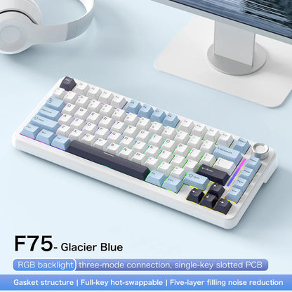 F75 Mechanical Keyboard FREEWOLF 81 Keys Layout Metal Knobs PBT Keycaps, Fully Hot-swappable Keys RGB Multi-color Backlighting