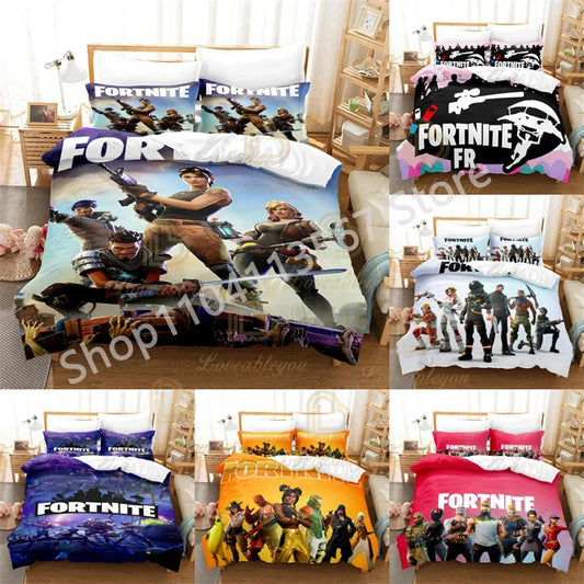 Conjunto de Cama Battle Royale F-Fortnite 3 Peças para Crianças, Capa de Edredão, Colcha e Fronha, Tamanho Duplo, Decoração de Quarto Victory Game