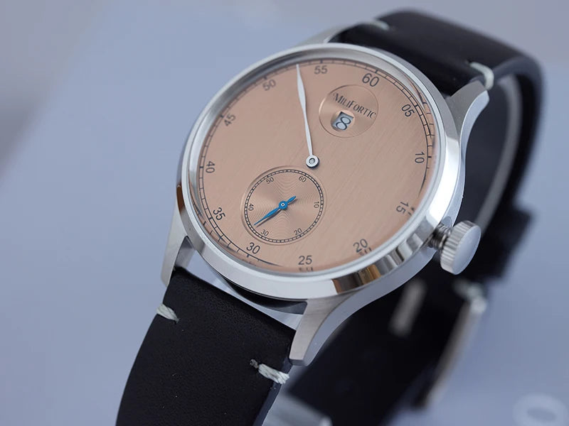Milifortic Jumping Hour Auto R077 Vintage Small Seconds ST17 Movement Jump Hour Salmon Dial Men Watches