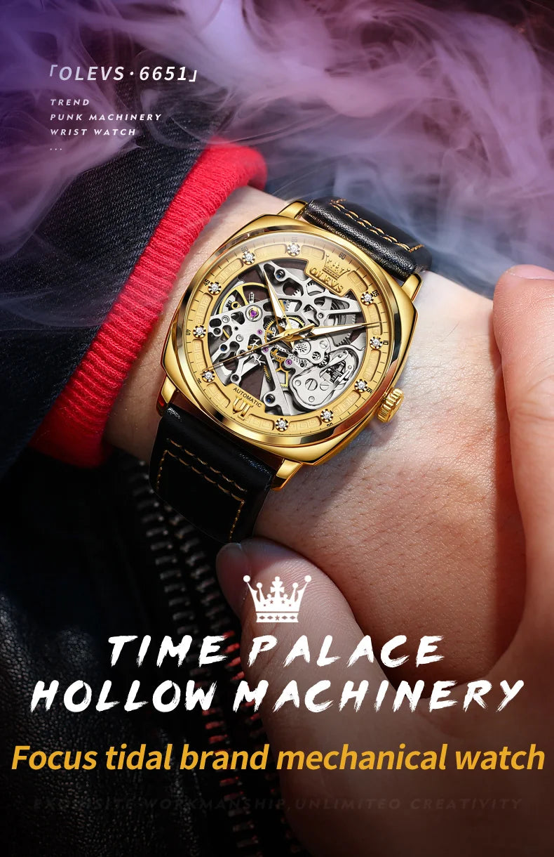 OLEVS 6651 Men's Watch Classic Automatic Mechanical Watch For Men Hollow Skeleton Clock Luxury Leather Waterproof Wrist Watches