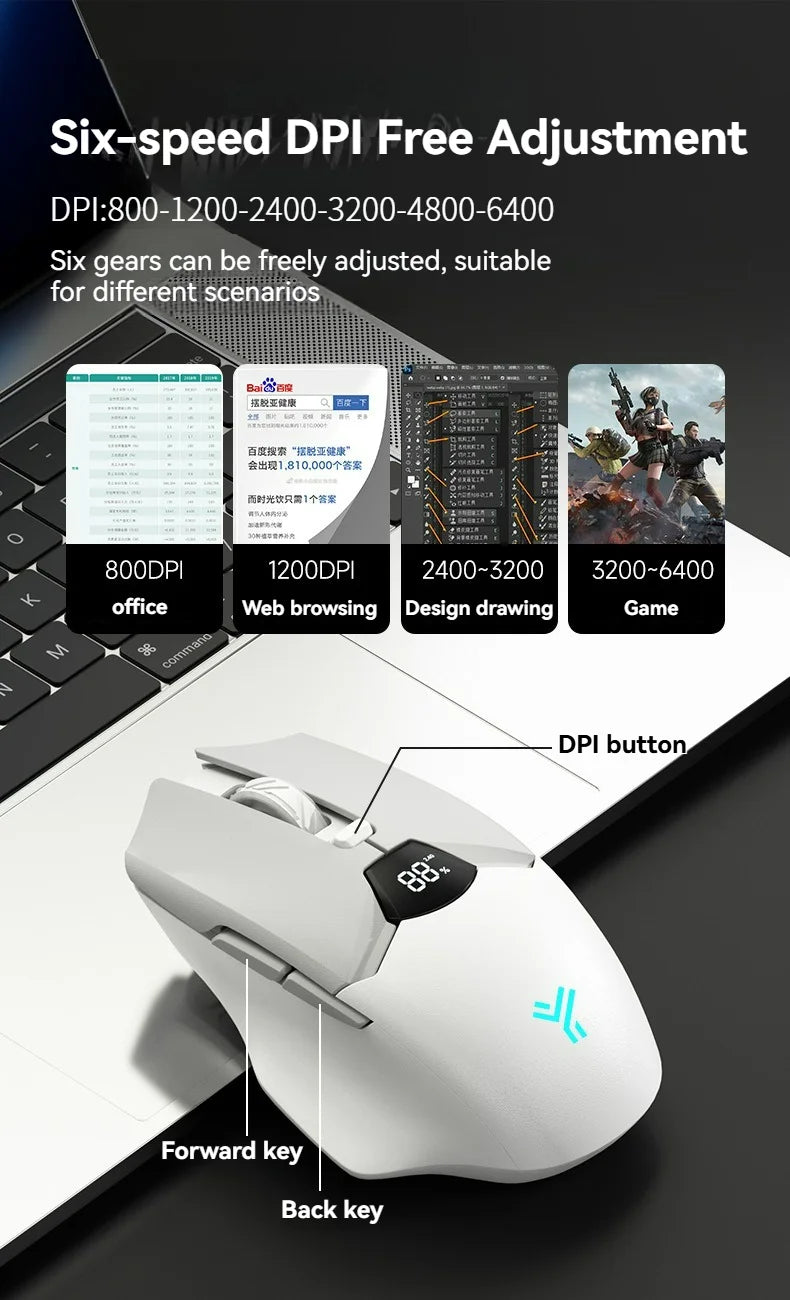 Rato Bluetooth sem fios, ecrã inteligente, botão silencioso de modo duplo, bateria de lítio de 600mAh, rato de escritório para tablet e portátil