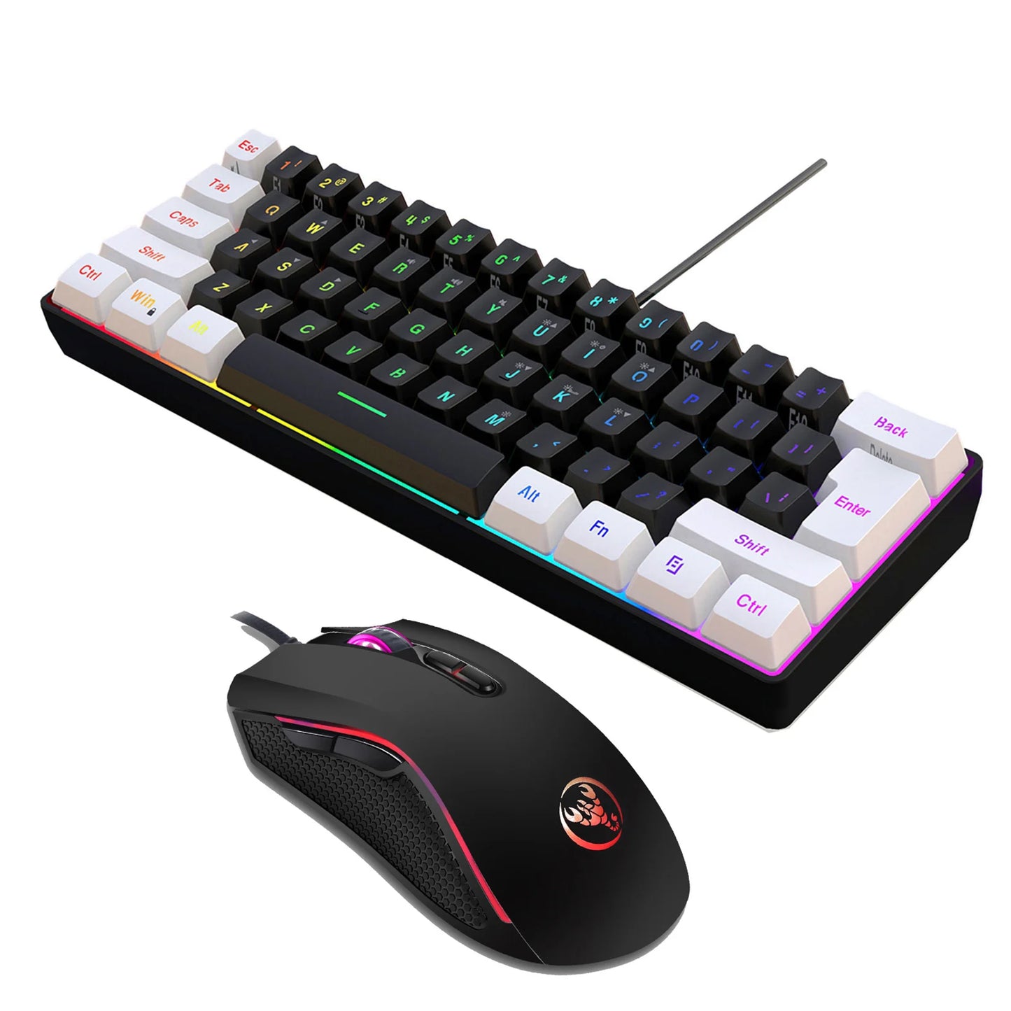 HXSJ USB Computer Keyboard and Mouse Kit with 61-Key Wired RGB Backlight Wired Gaming Mouse Colorful LED Lighting for PC Laptop