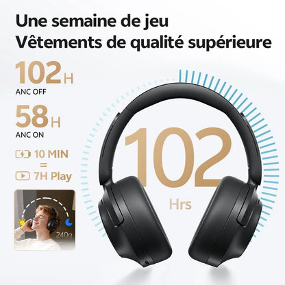 QCY H3S -56dB ANC adaptativo Auscultadores Bluetooth 6.0 circum-aurais – Headset sem fios Hi-Res LDAC, bateria de 102H, som espacial Dual Driver
