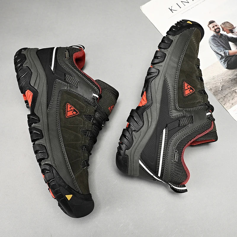 HIKEUP New High Quality Men Hiking Shoes Durable Leather Climbing Shoes Outdoor Walking Sneakers Rubber Sole Factory Outlet