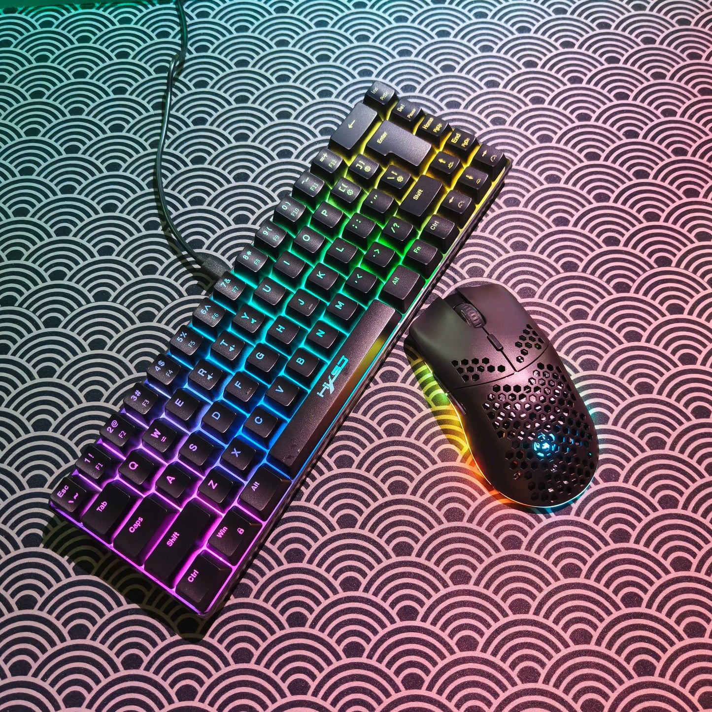 Portable HXSJ 60% RGB Gaming Keyboard and Mouse Set 68-Key Wired Membrane Keyboard 3-Mode Lightweight Wireless Mouse for PC Mac