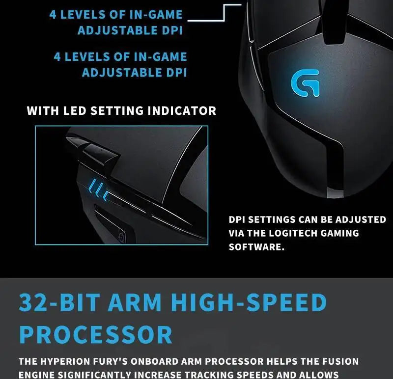 Rato Gaming com Fios Logitech G402, Processador ARM de 32-Bit, 8 Botões, 500 IPS, Antiderrapante, para Sessões de Gaming e Trabalho Durante Todo o Dia