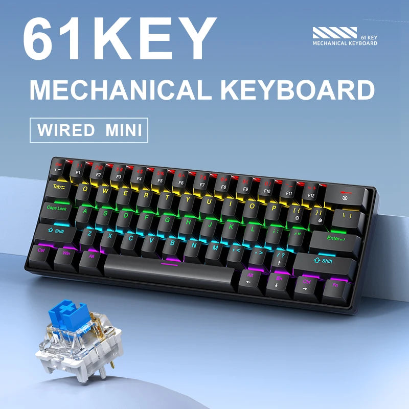 61 Keys Mechanical Keyboard Wired, APAYADO K61 RGB 60% Portable Mini Keyboard Black, White, Red/Blue Switch for Gaming