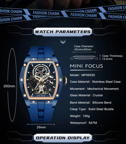 MINI FOCUS pánské náramkové hodinky, módní černé vodotěsné automatické mechanické hodinky se svítícími ručičkami, silikonovým řemínkem a tonneau ciferníkem