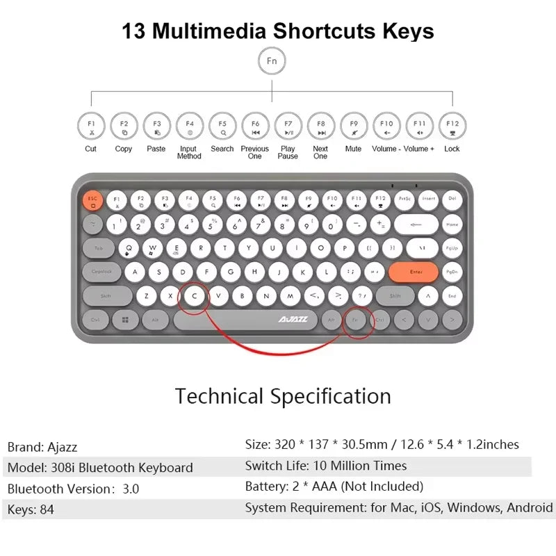 AJAZZ 308i Wireless Bluetooth Keyboard 84 Keys Rechargeable Retro Round Typewriter Keycaps, Portable Mechanical Keyboard