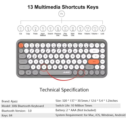 AJAZZ 308i Wireless Bluetooth Keyboard 84 Keys Rechargeable Retro Round Typewriter Keycaps, Portable Mechanical Keyboard