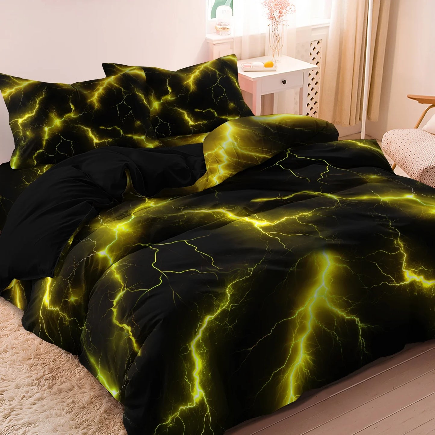 3Pcs Lightning Thunder Pattern Print Duvet Cover Bedding Set Soft Breathable For Four-seasonBedroom Dormitory Decorative