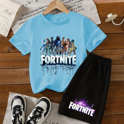 Conjunto infantil de verão Fortnite com t-shirt e calções anime, 2 peças, manga curta, algodão, casual, desportivo, presente