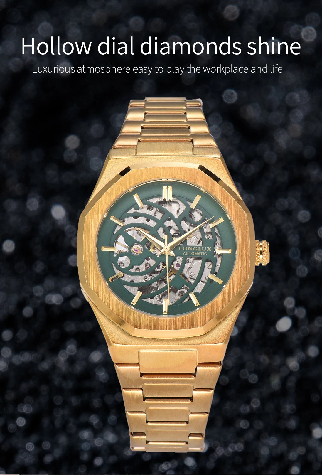 LONGLUX automatic watch business mechanical watches simple skeleton waterproof stainless steel cost effective mens watch gift