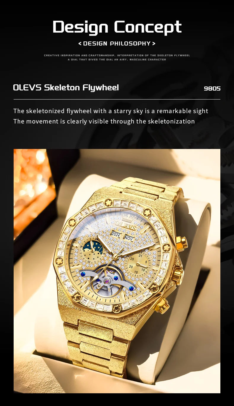 OLEVS 9805 Mens Watch Original Brand Tourbillon Automatic Mechanical Watch Diamond Dial Waterproof Moon Phase Watches For Men